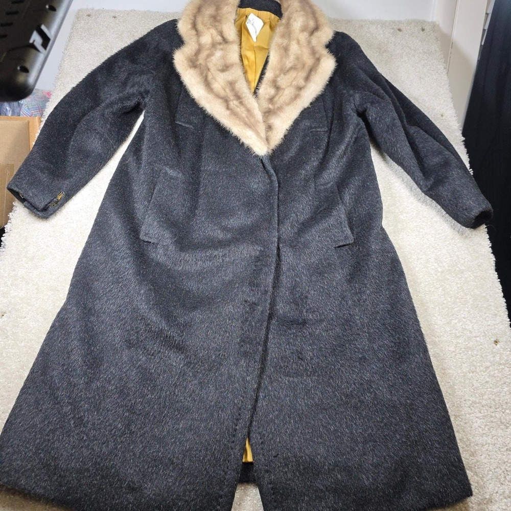 Vintage Wool Blend Long Coat Women Charcoal Gray Real Fur Collar Mustard Lining